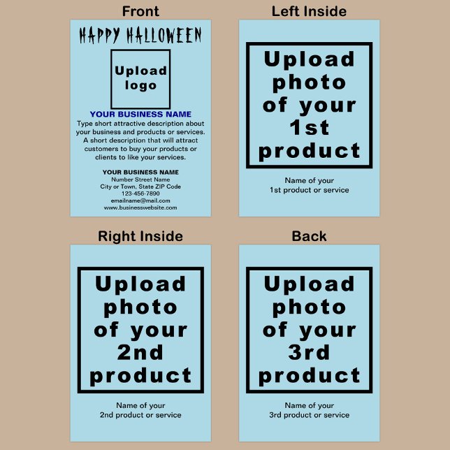 Business Halloween Light Blue Folded Greeting Card (Light blue Halloween folded greeting card with your business brand and products or services.)