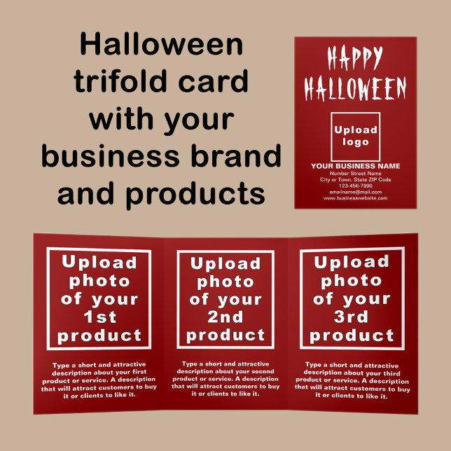 Business Halloween Red Trifold Card (Halloween red trifold card with your business brand and products or services.)