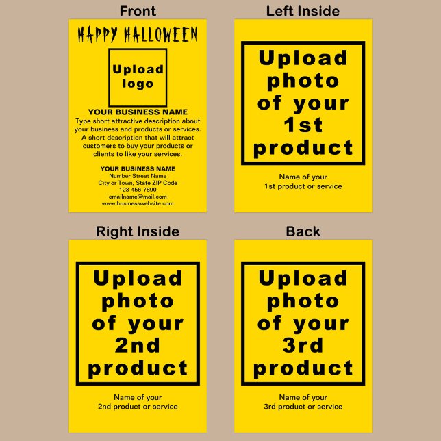 Business Halloween Yellow Folded Greeting Card (Yellow Halloween folded greeting card with your business brand and products or services.)