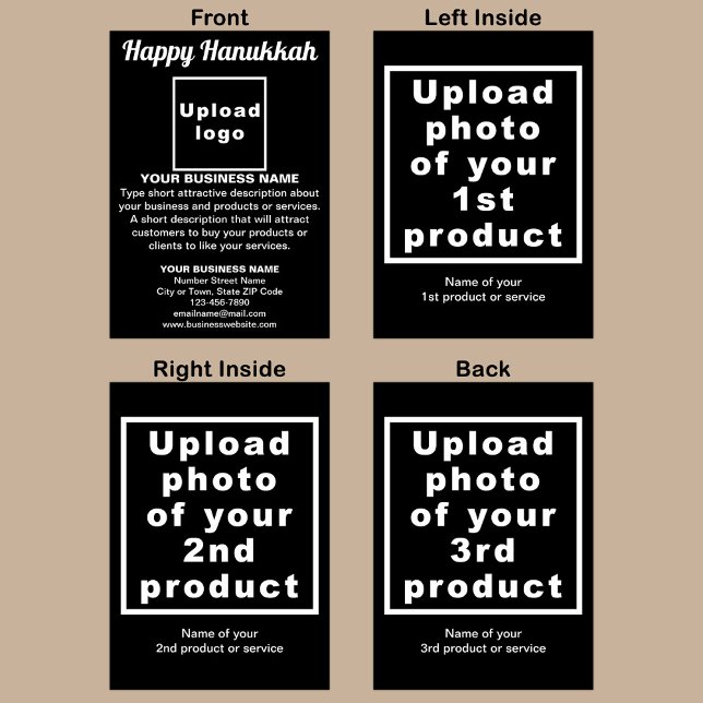 Business Hanukkah Black Folded Holiday Card (Black folded holiday card for Hanukkah with your business brand and products or services.)