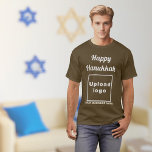 Business Hanukkah Greeting on Brown T-Shirt<br><div class="desc">Happy Hanukkah! Wishing you joy, peace and blessing this festival of lights. Holiday to celebrate this December and to advertise also your business. Brown t-shirt with Hanukkah greeting, your business name and logo. T-Shirt that you can include in your promotional products, giveaway items or gifts to your customers or clients...</div>