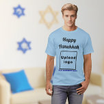 Business Hanukkah Greeting on Light Blue T-Shirt<br><div class="desc">Happy Hanukkah! Wishing you joy, peace and blessing this festival of lights. Holiday to celebrate this December and to advertise also your business. Light blue t-shirt with Hanukkah greeting, your business name and logo. T-Shirt that you can include in your promotional products, giveaway items or gifts to your customers or...</div>