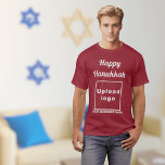 Business Hanukkah Greeting on Maroon T-Shirt<br><div class="desc">Happy Hanukkah! Wishing you joy, peace and blessing this festival of lights. Holiday to celebrate this December and to advertise also your business. Maroon t-shirt with Hanukkah greeting, your business name and logo. T-Shirt that you can include in your promotional products, giveaway items or gifts to your customers or clients...</div>