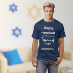Business Hanukkah Greeting on Navy Blue T-Shirt<br><div class="desc">Happy Hanukkah! Wishing you joy, peace and blessing this festival of lights. Holiday to celebrate this December and to advertise also your business. Navy blue t-shirt with Hanukkah greeting, your business name and logo. T-Shirt that you can include in your promotional products, giveaway items or gifts to your customers or...</div>