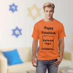Business Hanukkah Greeting on Orange Colour T-Shir T-Shirt<br><div class="desc">Happy Hanukkah! Wishing you joy, peace and blessing this festival of lights. Holiday to celebrate this December and to advertise also your business. Orange colour t-shirt with Hanukkah greeting, your business name and logo. T-Shirt that you can include in your promotional products, giveaway items or gifts to your customers or...</div>