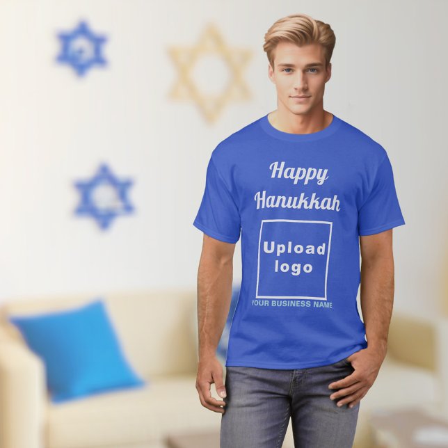 Business Hanukkah Greeting on Royal Blue T-Shirt (Hanukkah greeting, business name and logo on royal blue t-shirt)