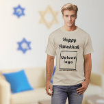 Business Hanukkah Greeting on Sand Colour T-Shirt<br><div class="desc">Happy Hanukkah! Wishing you joy, peace and blessing this festival of lights. Holiday to celebrate this December and to advertise also your business. Sand colour t-shirt with Hanukkah greeting, your business name and logo. T-Shirt that you can include in your promotional products, giveaway items or gifts to your customers or...</div>