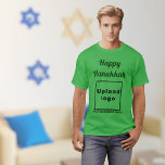 Business Hanukkah Greeting on Shamrock Green T-Shirt<br><div class="desc">Happy Hanukkah! Wishing you joy, peace and blessing this festival of lights. Holiday to celebrate this December and to advertise also your business. Shamrock green t-shirt with Hanukkah greeting, your business name and logo. T-Shirt that you can include in your promotional products, giveaway items or gifts to your customers or...</div>