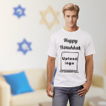 Business Hanukkah Greeting on White T-Shirt<br><div class="desc">Happy Hanukkah! Wishing you joy, peace and blessing this festival of lights. Holiday to celebrate this December and to advertise also your business. White t-shirt with Hanukkah greeting, your business name and logo. T-Shirt that you can include in your promotional products, giveaway items or gifts to your customers or clients...</div>