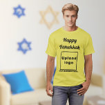 Business Hanukkah Greeting on Yellow T-Shirt<br><div class="desc">Happy Hanukkah! Wishing you joy, peace and blessing this festival of lights. Holiday to celebrate this December and to advertise also your business. Yellow t-shirt with Hanukkah greeting, your business name and logo. T-Shirt that you can include in your promotional products, giveaway items or gifts to your customers or clients...</div>
