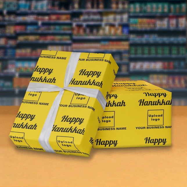 Business Hanukkah Yellow Wrapping Paper (Hanukkah greeting, business name and logo on yellow wrapping paper)