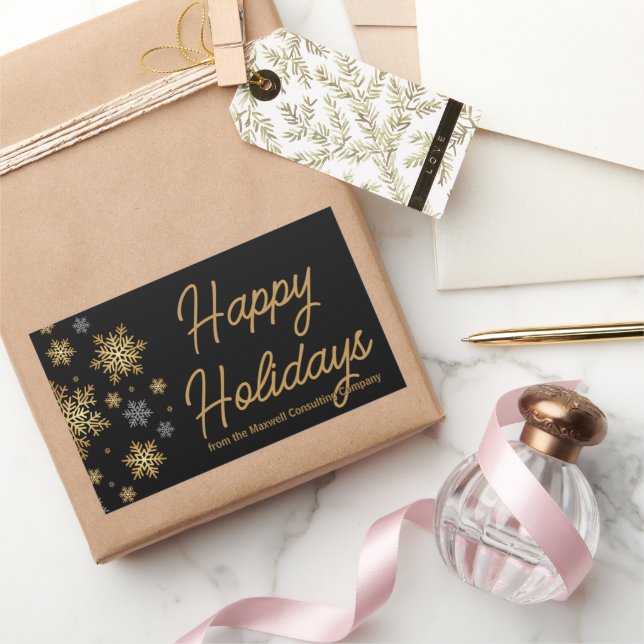 Business Happy Holidays Black Gold Chic Snowflakes Rectangular Sticker (Gifting)