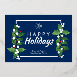 Business Happy Holidays Blue Real Silver Foil Card