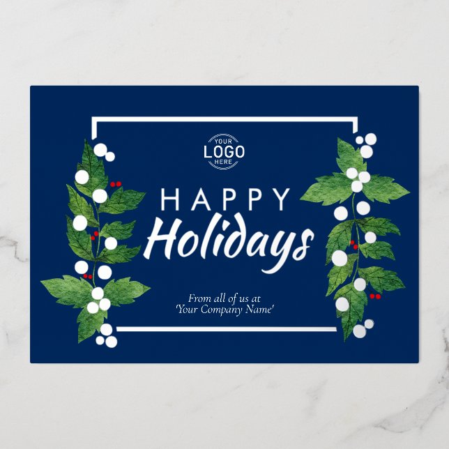 Business Happy Holidays Blue Real Silver Foil Card (Front)