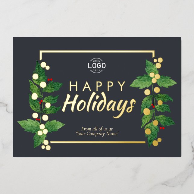 Business Happy Holidays Grey Real Gold Foil Card (Front)