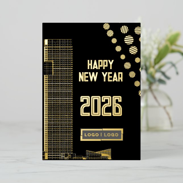 Business happy New Year 2026 urban long logo Foil Holiday Card (Standing Front)