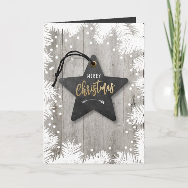 Business Holiday Card with Logo Rustic Wood Snow (Front)