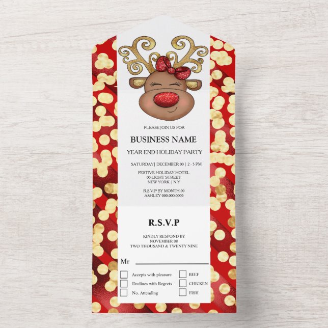 Business holiday party red gold reindeer fun all in one invitation (Inside)