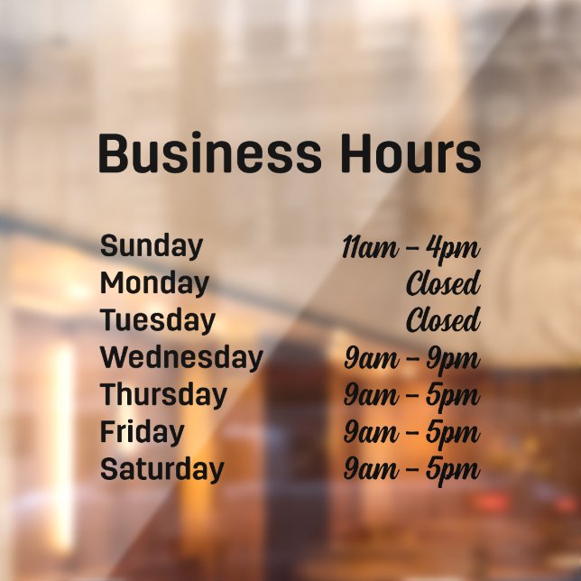 Business Hours Customisable Times   Window Cling (Sheet 2)
