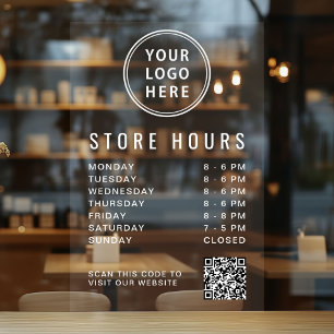 Business Hours Logo QR Code White Lettering Window Cling