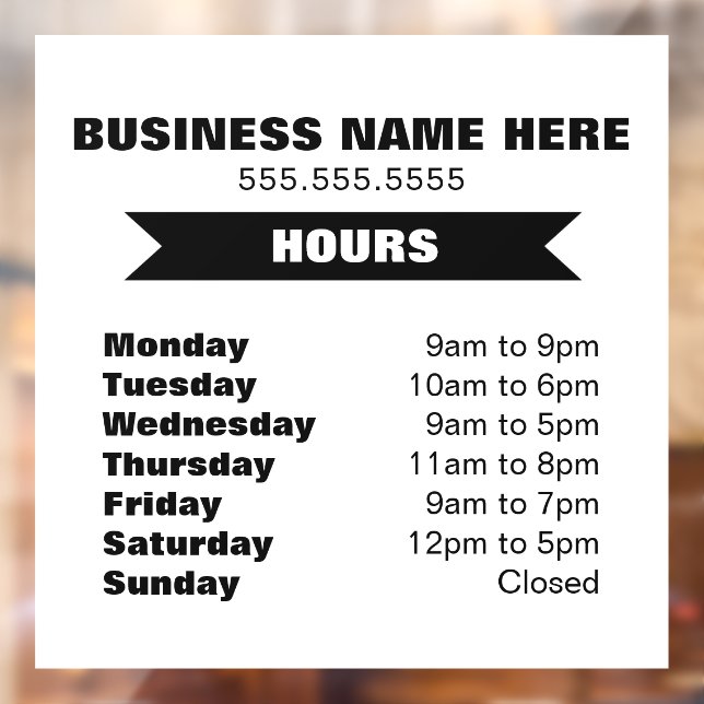 Business Hours Window Cling (Sheet 2)