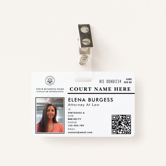 Business ID Logo | Attorney at Court White ID Badge (Front with Clip)
