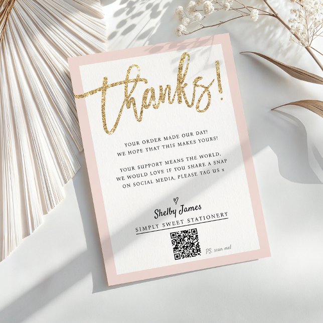 BUSINESS INSERT modern chic glitter script blush Thank You Card (Creator Uploaded)
