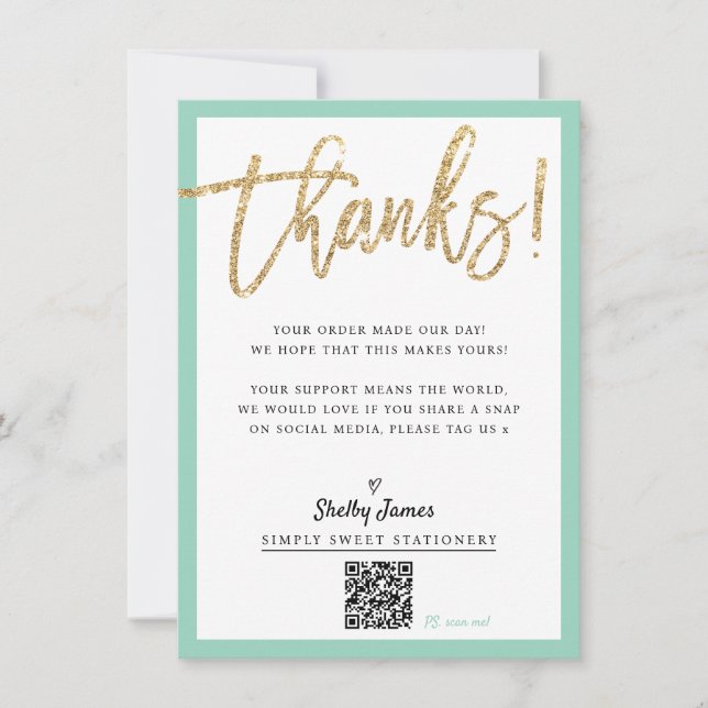 BUSINESS INSERT modern chic glitter script mint Thank You Card (Front)