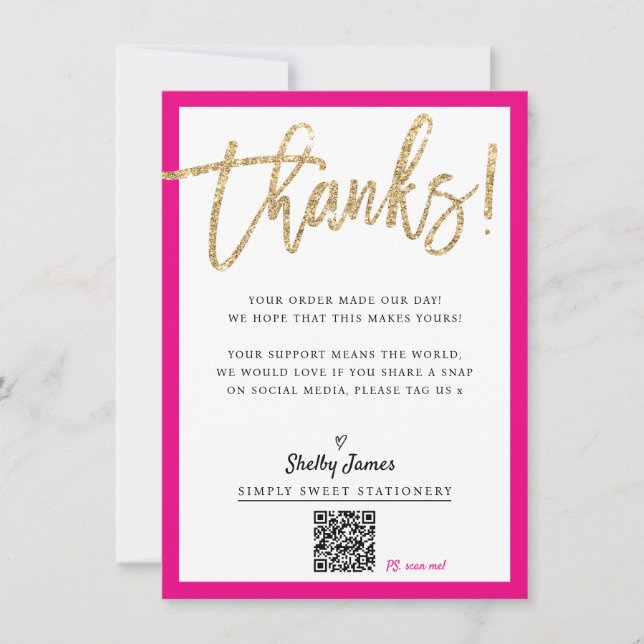 BUSINESS INSERT modern chic glitter script pink Thank You Card (Front)