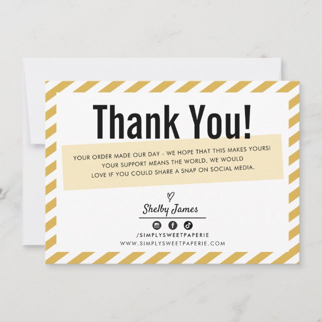 BUSINESS INSERT modern minimal stripe yellow gold Thank You Card (Front)