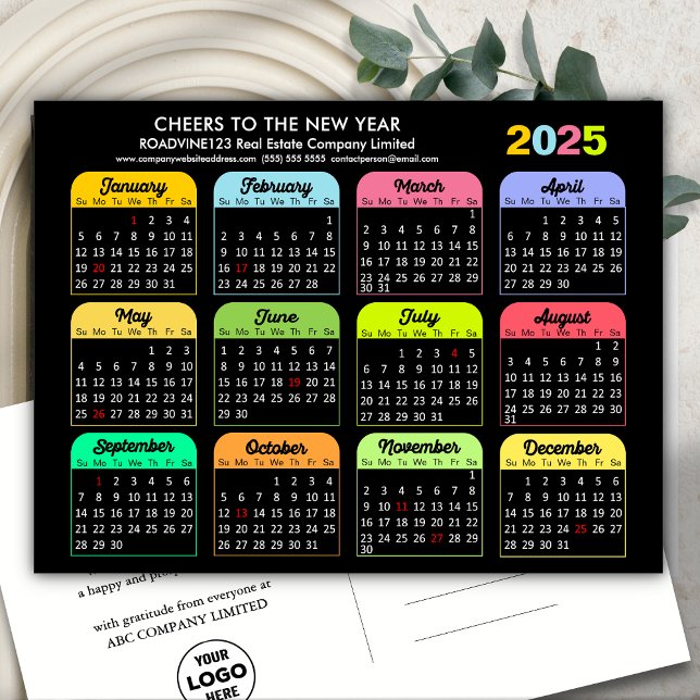 Business Logo 2025 Calendar Modern Black Colourful Holiday Postcard (Creator Uploaded)