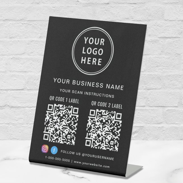 Business Logo 2 QR Codes Social Media Black Pedestal Sign (Creator Uploaded)