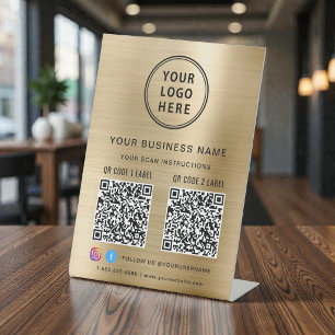 Business Logo 2 QR Codes Social Media Gold Pedestal Sign