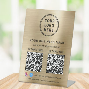 Business Logo 2 QR Codes Social Media Gold Pedestal Sign