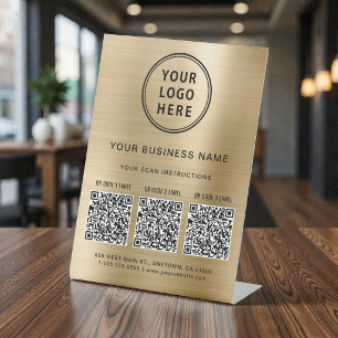 Business Logo 3 QR Codes Gold Pedestal Sign
