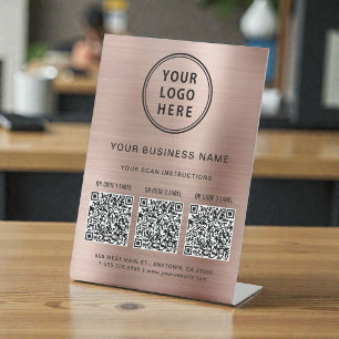 Business Logo 3 QR Codes Rose Gold Pedestal Sign