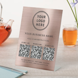 Business Logo 3 QR Codes Rose Gold Pedestal Sign