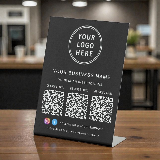 Business Logo 3 QR Codes Social Media Black Pedestal Sign (Business Logo 3 QR Codes Social Media Black Pedestal Sign)