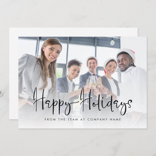 Business Logo Add Photo Happy Holidays Script Flat Holiday Card (Front/Back)