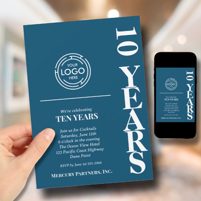 Business Logo Anniversary Blue Invitation (Blue business anniversary invitations feature your business logo at the top)