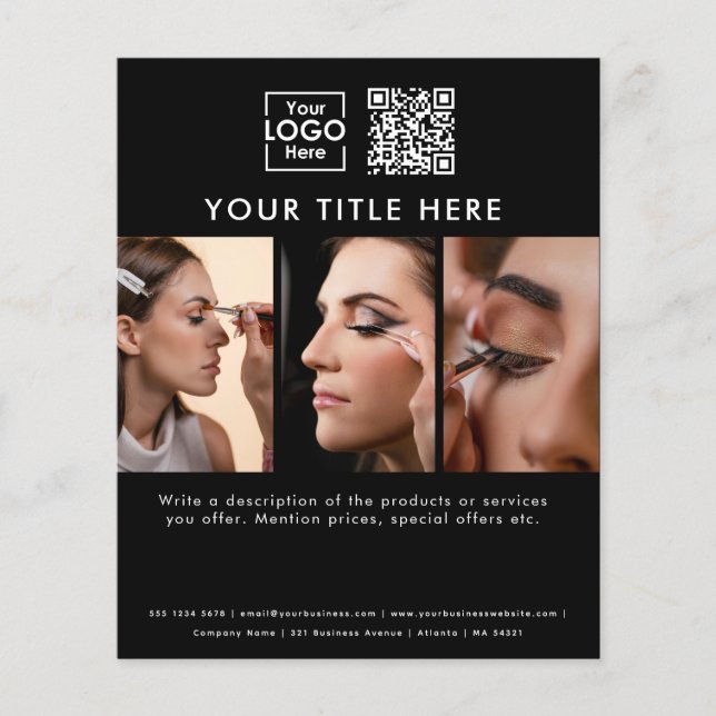 Business Logo Black Beauty Salon 3 Photos QR Code Flyer (Front)