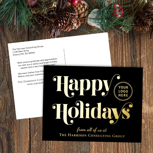Business Logo Black Christmas Gold Foil Holiday Postcard (Creator Uploaded)