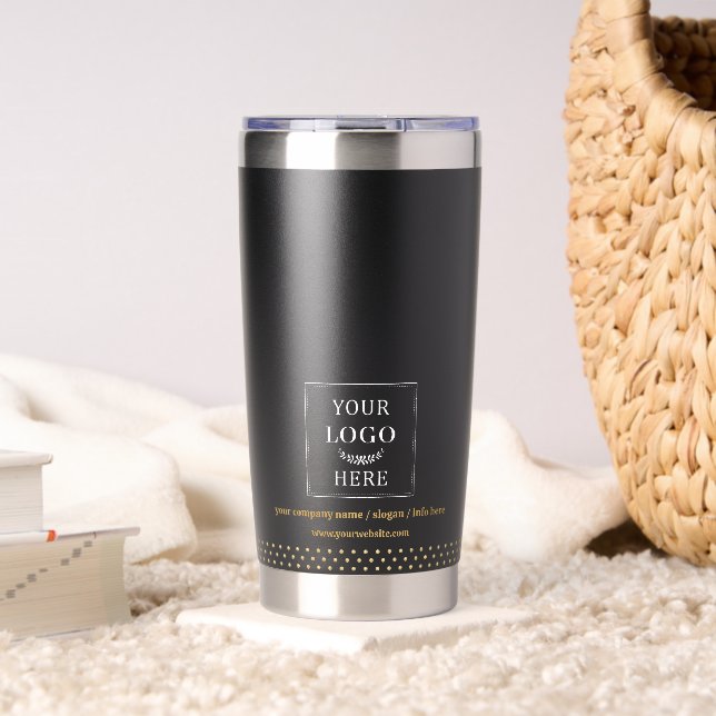 Business Logo Black Gold Dots Branded Insulated Tumbler (Living Room (Rotated))