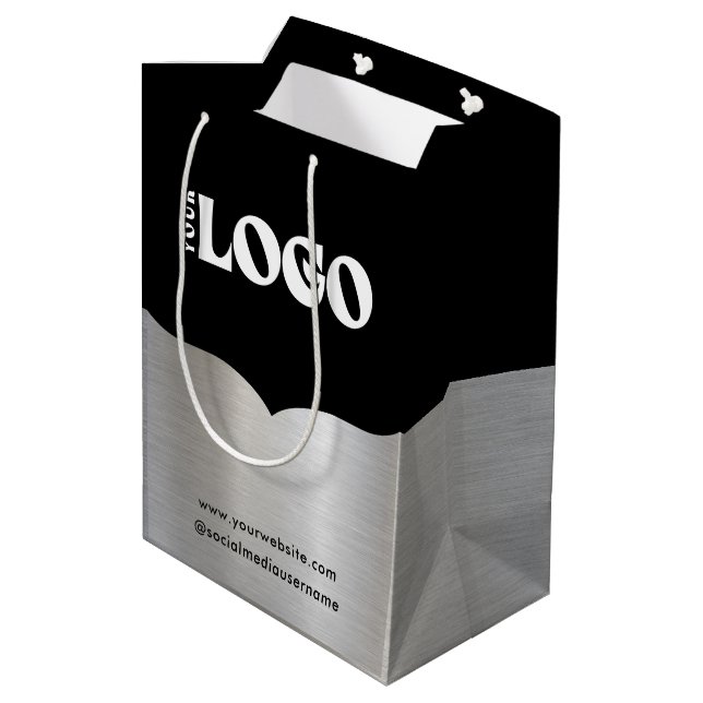 Business Logo Black Metallic Silver Paper Gift Bag (Back Angled)
