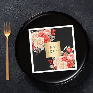 Business logo black red ivory florals napkin