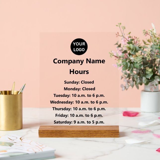 Business Logo Black Text Hours of Operation Acrylic Sign (Wedding)
