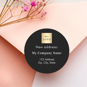 Business logo black white moved new address classic round sticker