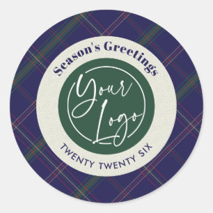 Business Logo Blue Plaid Christmas Company Gifts Classic Round Sticker