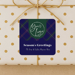 Business Logo Blue Plaid Corporate Holiday Gifts Square Sticker