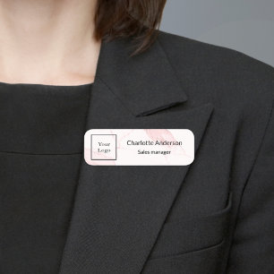 Business logo blush pink marble employee elegant name tag